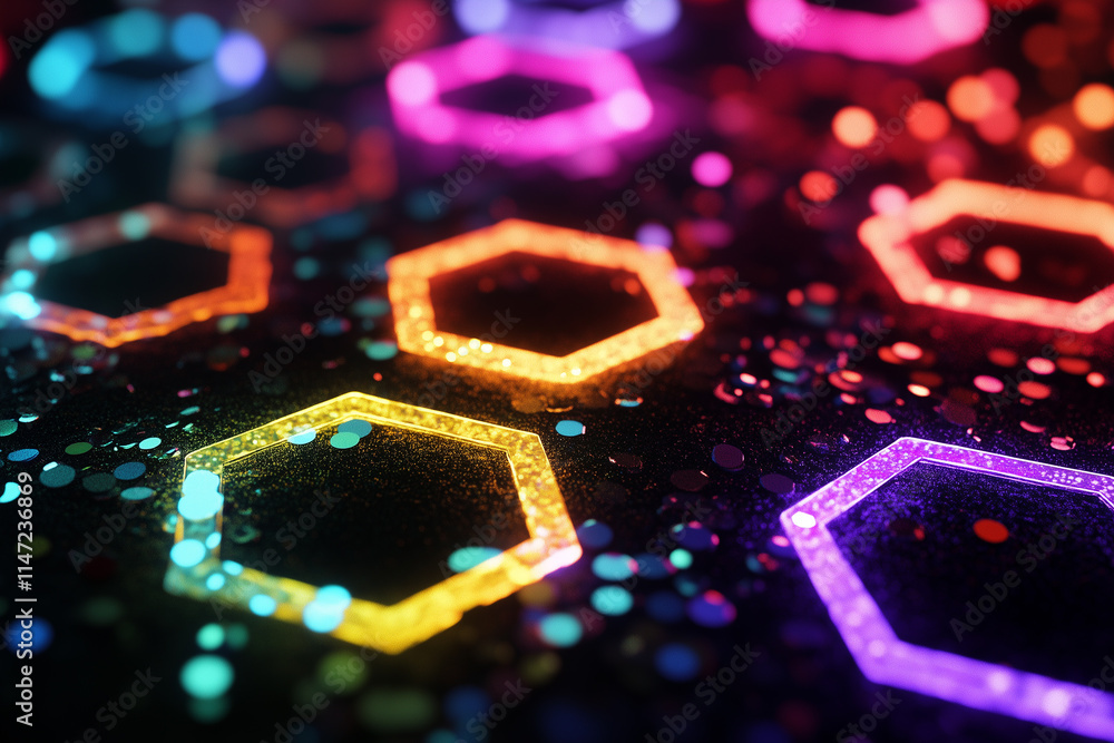 Poster vibrant neon glitter circles with bokeh effect for abstract background and design elements