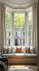 A cozy window seat with cushions, offering a view of a tree-lined street.