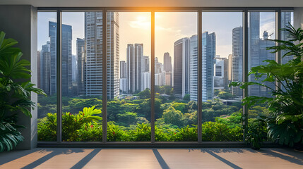 Fototapeta premium Modern interior with large windows showcasing a cityscape and greenery.