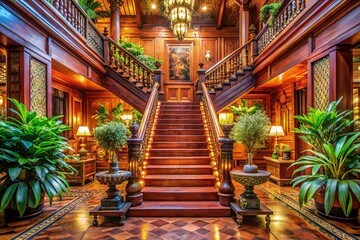 Naklejka premium Modern Thai Luxury Home Interior with Wooden Stairs - Welcoming Design