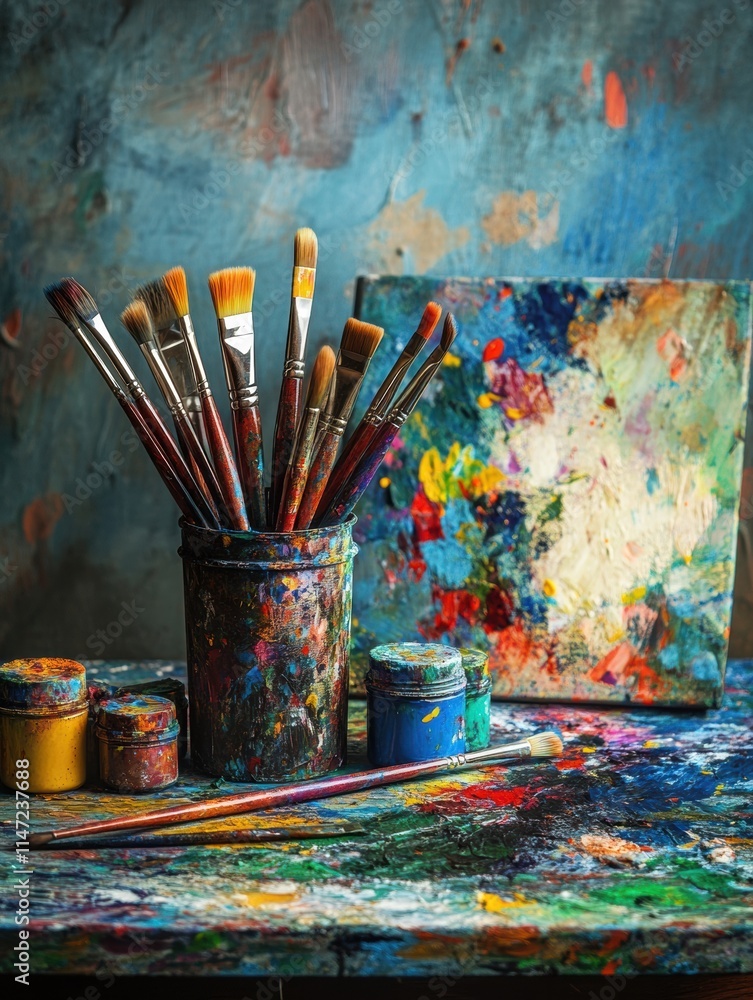 Poster colorful artist brushes and paints arranged on a crafting table with a blank canvas ready for creati