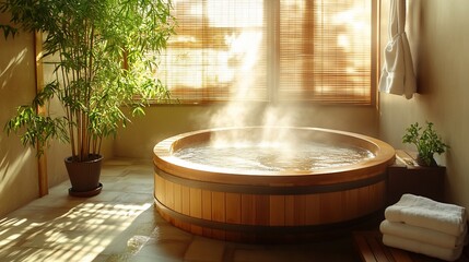 Serene Spa Hot Tub Relaxation: Wooden Tub Steam, Bamboo Plant, Sunlight