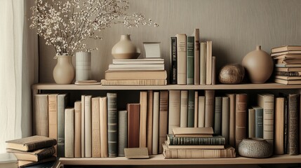 vertical book tower arrangement, mixed vintage and modern books, neutral color scheme, soft diffused lighting, artistic book composition, peaceful study atmosphere