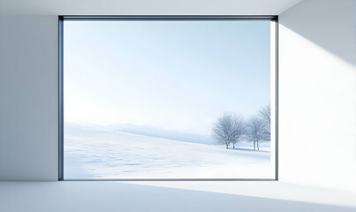 Fototapeta premium A serene winter landscape viewed through a large window, showcasing snow and bare trees.