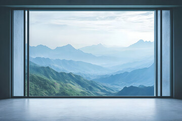 A serene mountain landscape viewed through a large window, evoking tranquility and nature.