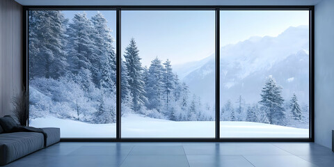 A modern interior view showcasing a snowy mountain landscape through large glass windows.