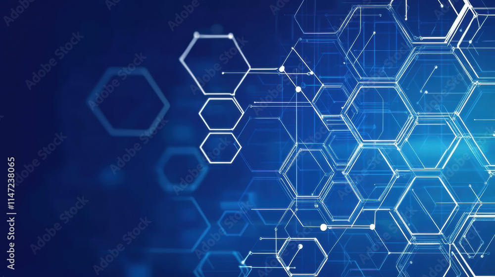 Poster blue background with white hexagons and lines for a technology or science vector banner design templ