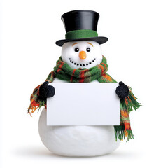 Smiling Snowman with Green Scarf and Blank Sign