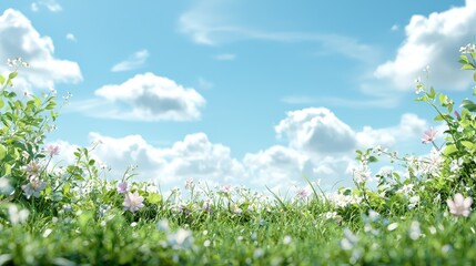 Spring flowers blooming in a lush green field under a bright blue sky with fluffy white clouds.