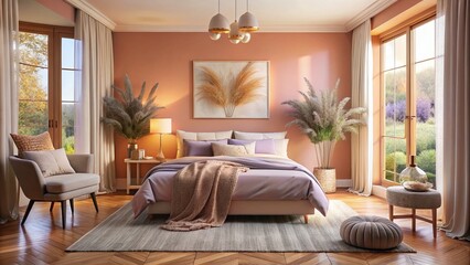 Fototapeta premium Pastel Bedroom Dreamy Ambiance AI Photo, Peach Lavender Decor