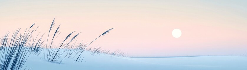 Obraz premium Serene winter landscape with tall grasses and a bright sun in the sky.