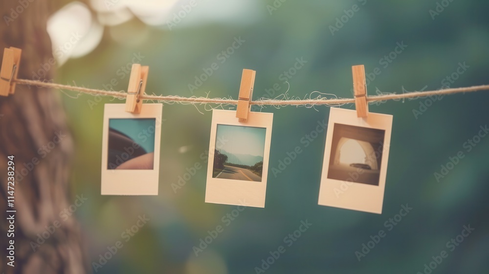 Poster polaroid photos hanging on string with clothespins create a nostalgic atmosphere in a serene outdoor