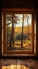 A serene autumn landscape framed by a wooden window, showcasing vibrant foliage and trees.