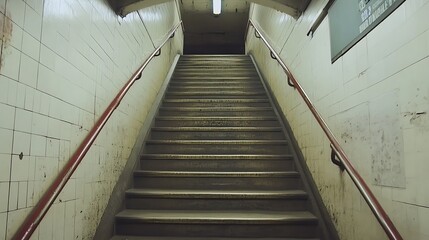 Fototapeta premium Descent into the Depths: A Subway Stairwell's Enigma