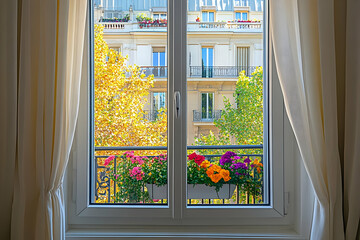 A bright window view showcasing colorful flowers and vibrant autumn foliage.