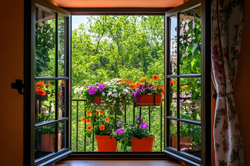 A vibrant view from an open window showcasing colorful flowers on a balcony.