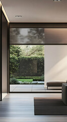 Fototapeta premium Modern interior with a view of a landscaped garden through large windows.