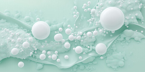Mint green abstract background with bubbles and waves, 3D render