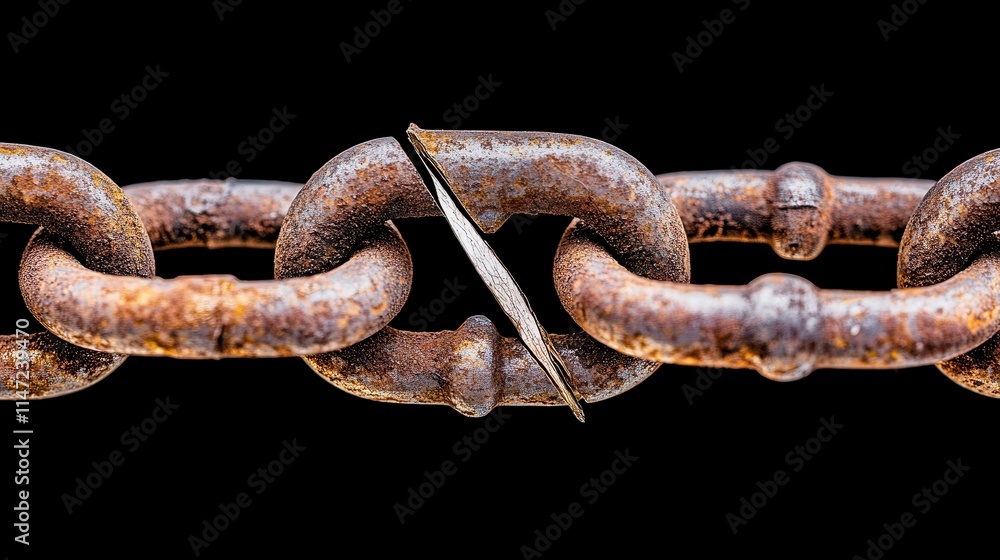 Poster a close-up view of a rusty chain link, highlighting a break in the chain, symbolizing strength and v