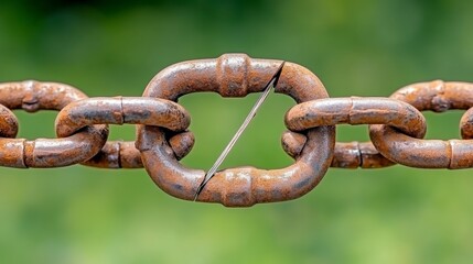 Fototapeta premium A close-up of a rusted chain link, featuring a noticeable crack, set against a soft green background, highlighting wear and potential breakage.