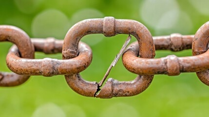 Fototapeta premium A close-up image of a rusted chain link with a noticeable crack, set against a blurred green background, symbolizing wear and potential failure.