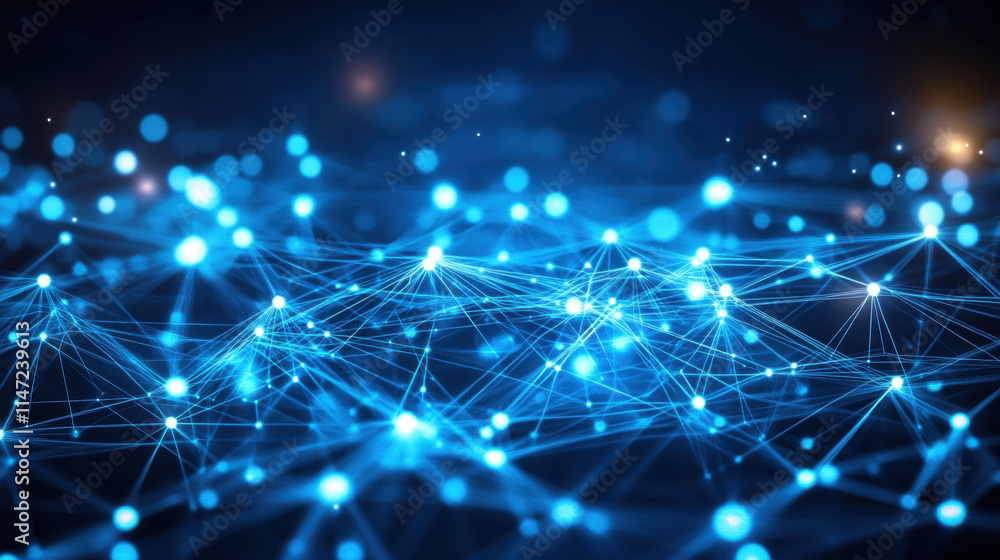 Poster abstract digital background with glowing connections and light particles on a blue backdrop, represe