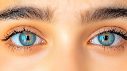 Obraz premium A close-up of striking blue eyes, showcasing detailed iris patterns and long lashes, conveying depth and emotion.
