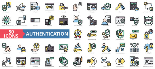 Authentication icon collection set. Containing identity, verification, access, password, biometric, authorization, secure icon. Simple flat outline color illustration.