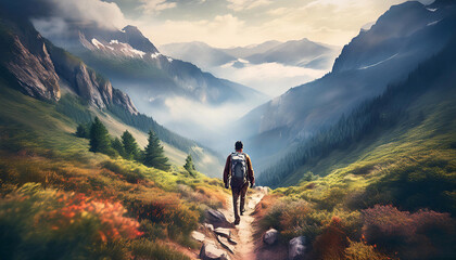 Fototapeta premium A lone hiker walks along a scenic mountain trail