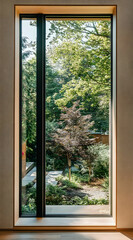 Fototapeta premium A large window framing a lush green garden with trees and pathways.