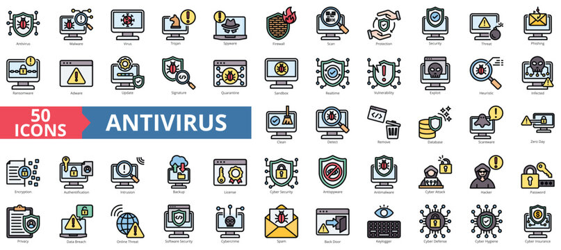 Antivirus icon collection set. Containing malware, security, trojan, spyware, firewall, scan, protection icon. Simple flat outline color illustration.