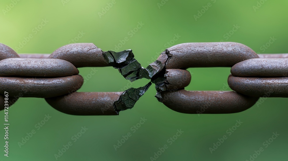 Poster a close-up image of a broken chain link, showcasing the fracture and rust, symbolizing weakness or f