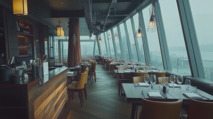 Fototapeta premium Upscale restaurant interior with panoramic city views, wooden tables, and stylish lighting.