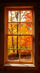 A picturesque view through a window showcasing vibrant autumn foliage.