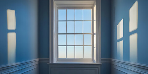 Fototapeta premium A serene blue room with a large window, illuminating the space with natural light.