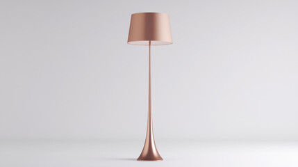 A sleek and minimalist floor lamp, metallic rose gold finish, elongated stem, unique geometric lampshade design, perfectly centered on a pure white background, hd quality, sharp edges, clean design, p