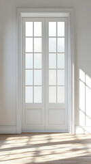 Fototapeta premium A bright interior featuring a double door with glass panels and soft shadows on the floor.