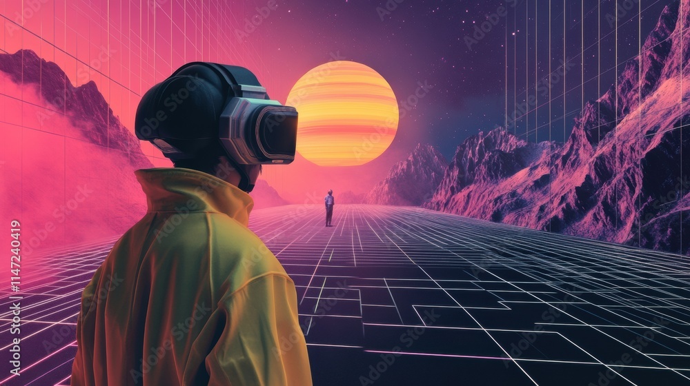 Poster visitors engage with interactive virtual artworks while wearing headsets in a colorful, immersive di