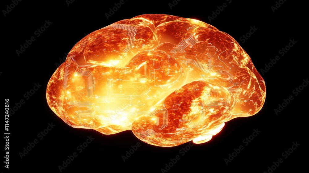 Poster glowing orange brain with circuit patterns on black background