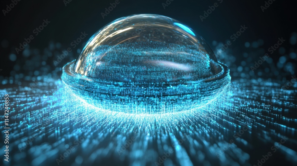 Poster glowing sphere surrounded by digital particles in abstract background