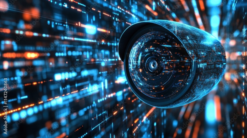 Poster futuristic security camera with digital data background