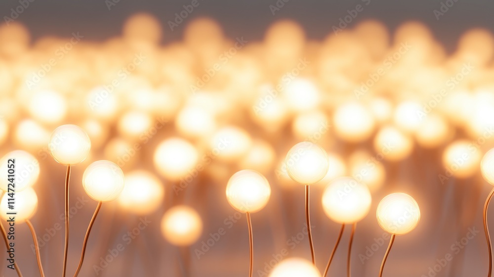 Poster a soft, dreamy scene of glowing lights resembling a field of softly illuminated orbs, creating a war