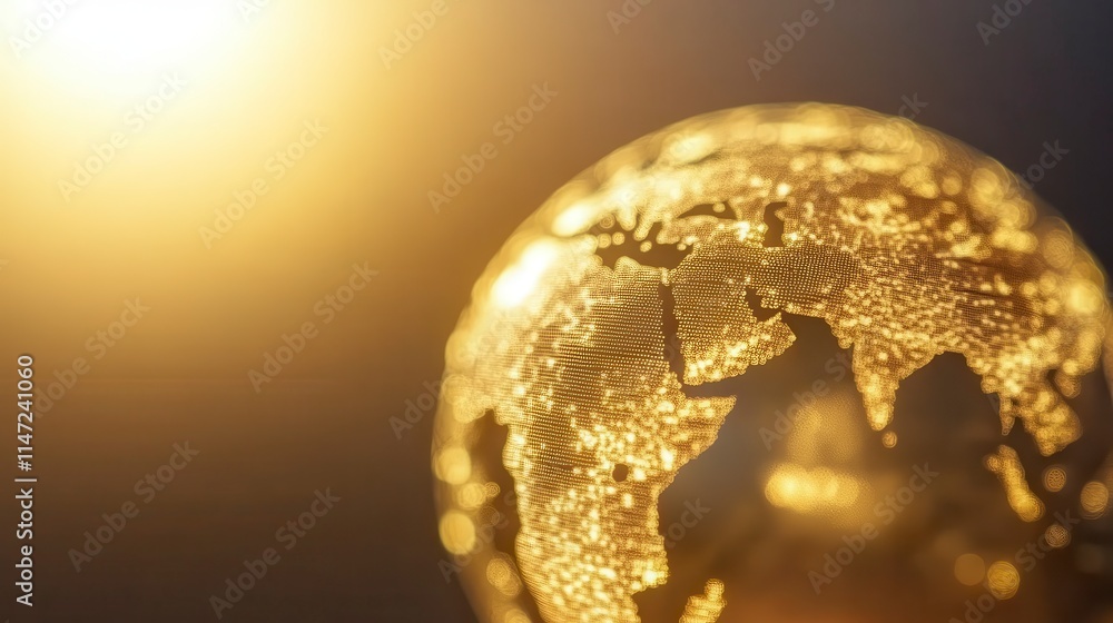 Poster a close-up of a golden globe illuminated by warm light, symbolizing global connection and exploratio