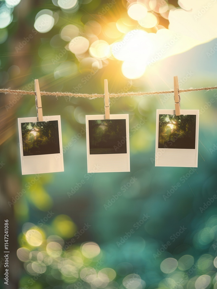 Poster polaroid photos on string with clothespins in a sunlit outdoor setting surrounded by nature. generat