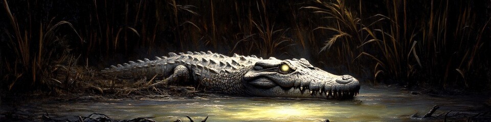Fototapeta premium Majestic Crocodile in Serene Swamp at Dusk: Wildlife Photography Highlighting Reptile Beauty, Natural Habitat, Predatory Instincts, Reflection on Water Surface