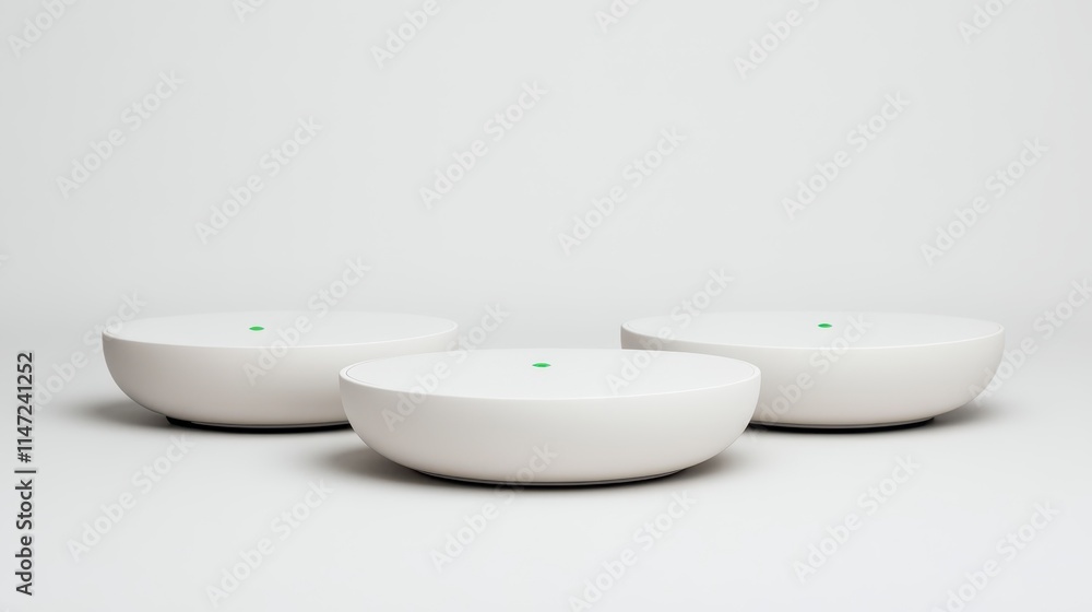 Poster three minimalistic white objects on a clean background, showcasing modern design and simplicity in f