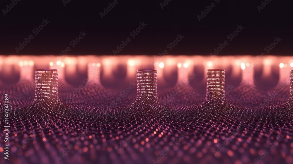 Poster a futuristic, abstract depiction of a digital landscape with illuminated structures, creating a sens