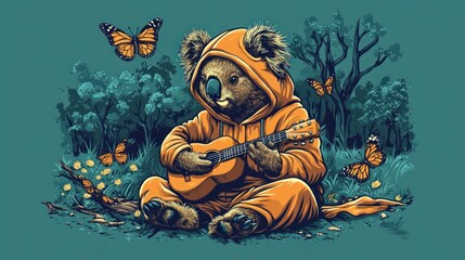 Koala in orange hoodie playing ukulele surrounded by butterflies and trees.