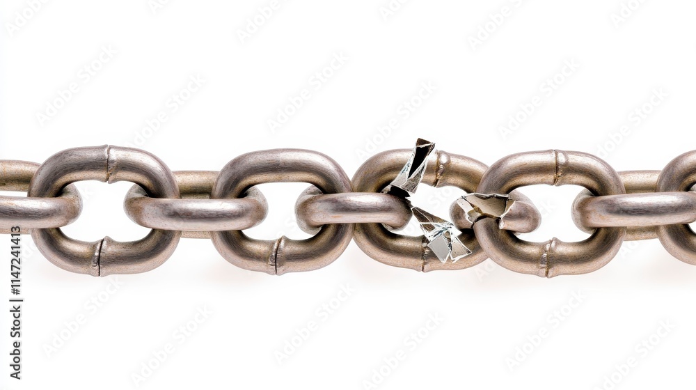 Poster a metallic chain with a broken link, symbolizing weakness or disruption in strength and connectivity