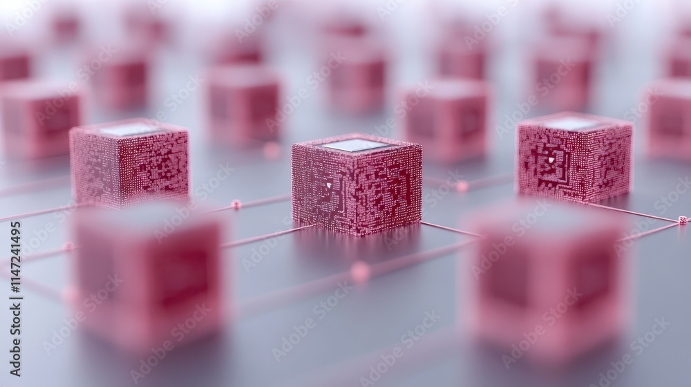 Poster a close-up view of interconnected, translucent cubes illuminated in shades of pink, representing dat